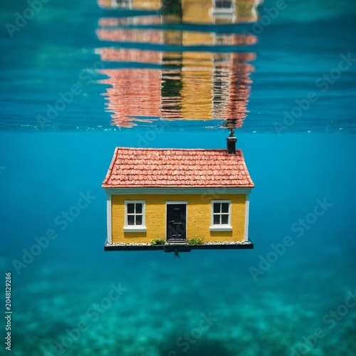 Miniature Yellow House Floating In Turquoise Water