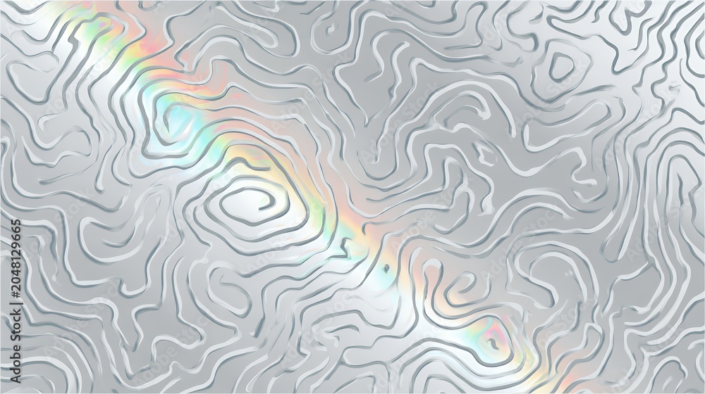 Fototapeta premium Abstract silver topographical texture background with 3D liquid metal waves and subtle iridescent holographic lighting color effects.