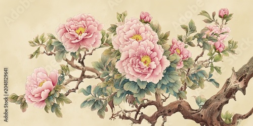 Traditional Ink Wash Style Watercolor Pink Peonies Yellow Stamens Gnarled Brown Branch Multi Toned Foliage Light Beige Background Various Bloom Stages Delicate Petals Framed By Branches Diagonally