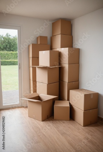 Empty Room With Stack Of Cardboard Moving Boxes Against Wall