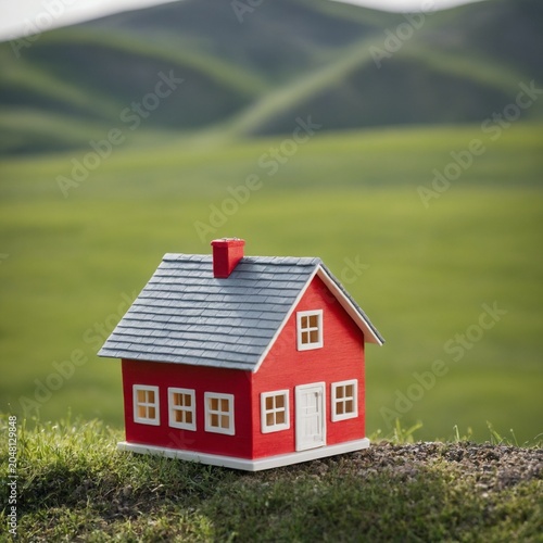 Single Toy House Isolated In Large Empty Green Hill Landscape