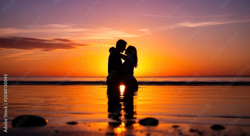 Fototapeta premium Romantic Couple Silhouetted Against a Fiery Sunset on a Beach.