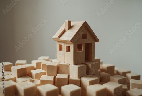 abstract financial blocks squeezing small wooden house model on