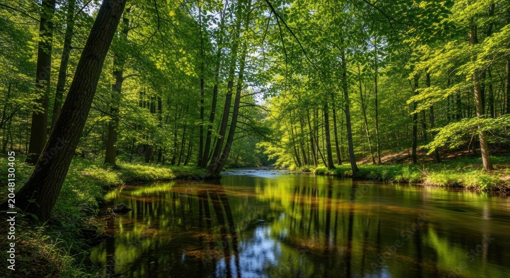 Fototapeta premium Serene Forest River Reflecting Lush Green Trees and Sunlight.