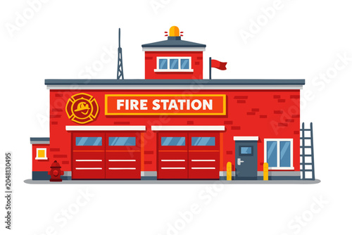 Red fire station building with garage doors, warning light, flag and firefighter emblem vector illustration isolated on transparent background