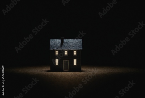 Small House Isolated Under Spotlight In Dark Environment