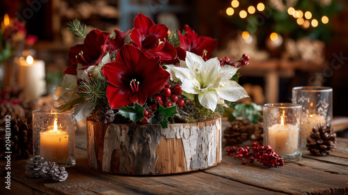 Festive Christmas floral arrangement with greenery