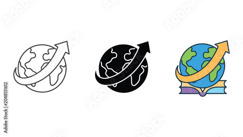 Global business growth and education icon set featuring earth globe with rising arrow and book base for international market expansion and knowledge development in clean vector styles
