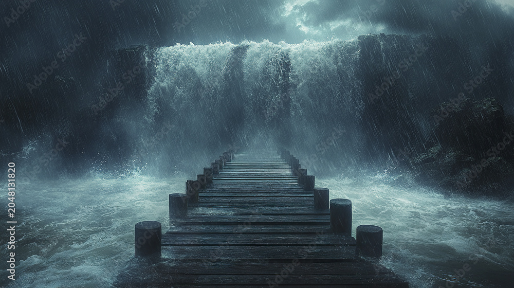 Obraz premium Wooden pier extends into stormy sea with heavy rain and massive waterfall crashing down, creating dramatic and intense atmosphere filled with powerful water movement and dark clouds