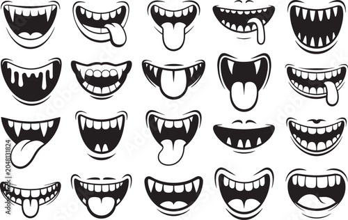 Set of cartoon monster mouths with different expressions and teeth on transparent background.