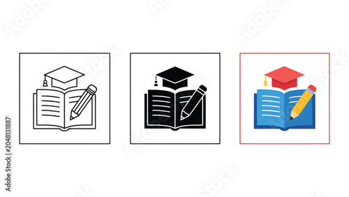 Foto Academic writing icons with open book graduation cap and pencil in outline solid