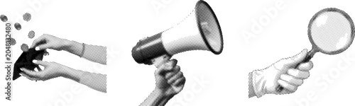 Принти на полотні Halftone hands holding megaphone and magnifying glass for communication and sear