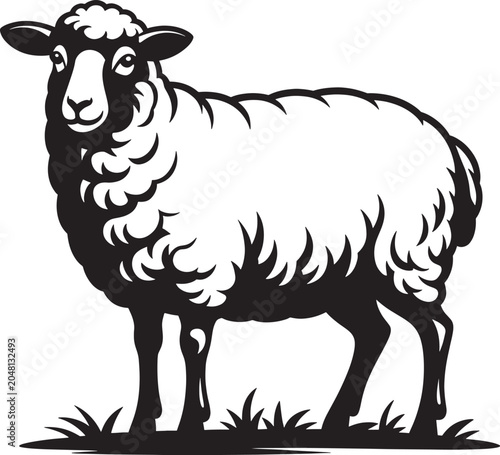 Sheep grazing on grass silhouette illustration for farm animals and wool production livestock concept.