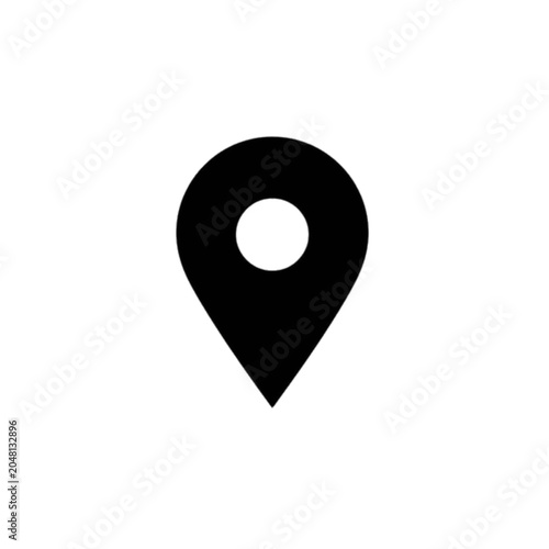 Location Pin Icon: A simple, bold black icon of a location pin with a white dot at its center, signifying a point of interest or geographic marker.
