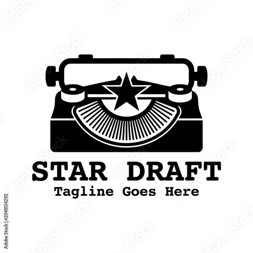 Vintage typewriter with central star symbol for writing publishing creativity journalism classic expression logo design