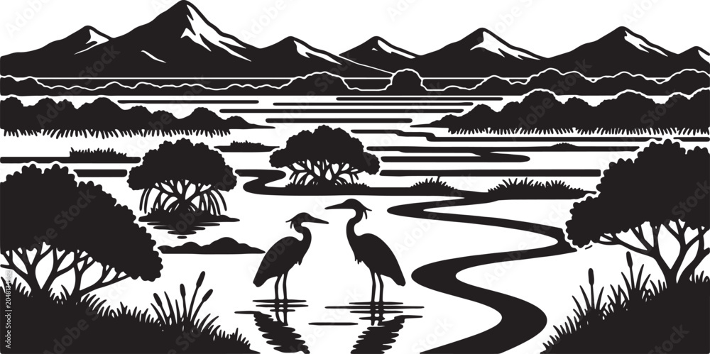 Fototapeta premium Black and white silhouette illustration of two herons standing in a delta wetland with winding river channels, mangrove trees, and a distant mountain range landscape background.