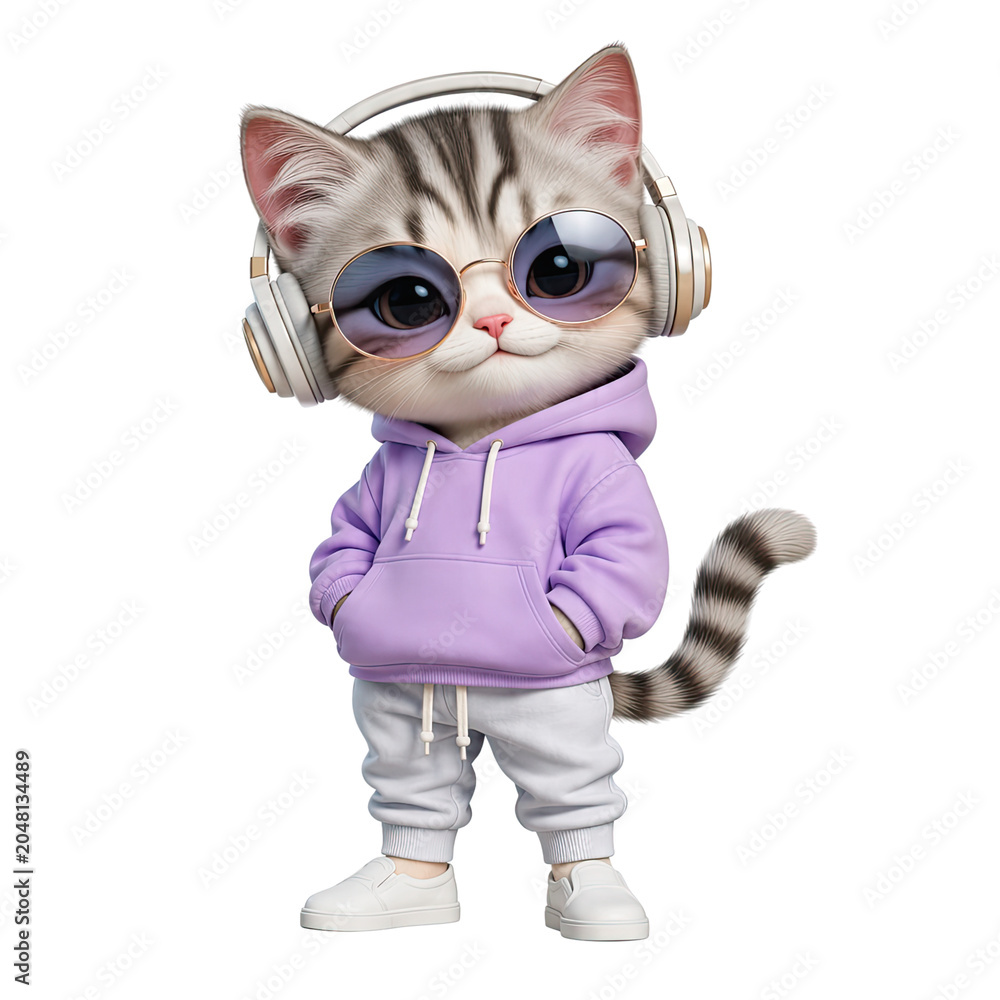Fototapeta premium Cute Fashion Cat Character Listening to Music with Headphones and Sunglasses in Stylish Streetwear Outfit Isolated on Transparent Background, Generative AI