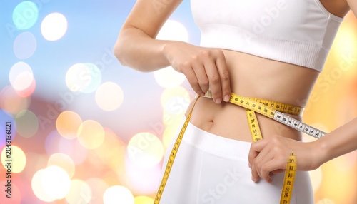 A woman in athletic wear measures her waist with a measuring tape. Background is an out-of-focus bokeh of light
