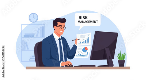 Professional businessman wearing glasses and a suit sitting at an office desk, analyzing financial data reports, bar charts, and pie graphs for risk management strategy and assessment.