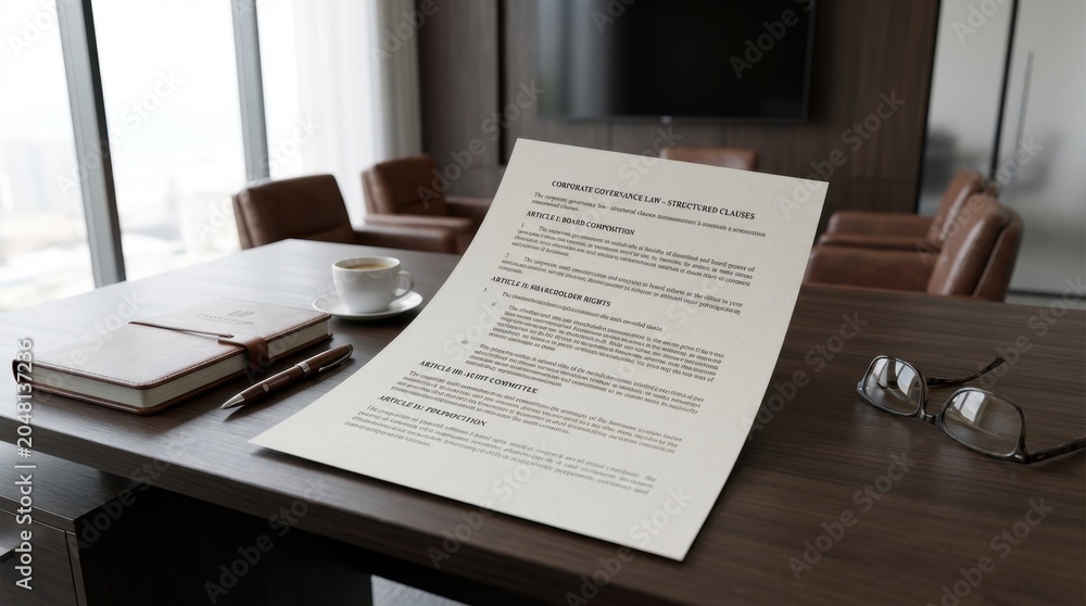 Obraz premium Professional Office Desk Scene with Document Paper and Glasses.