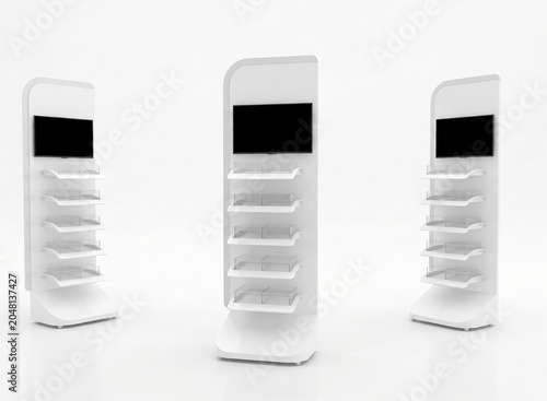 Elegant white retail display shelf with a built in lightbox top, perfect for showcasing products in stores and shopping malls. Modern design ideal for branding, promotions, and visual merchandising.