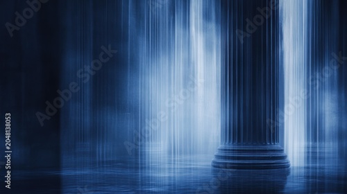Abstract blue pillars stand in a blurred, dreamy space, invoking grandeur and mystery