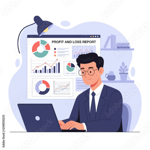 Flat vector illustration of a professional businessman in a suit and glasses analyzing a profit and loss report dashboard featuring various charts, bar graphs, and financial data.