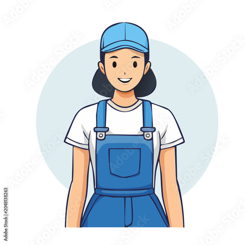 Woman wearing blue overalls and a cap