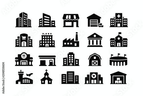 Black and white city building icons set Vector