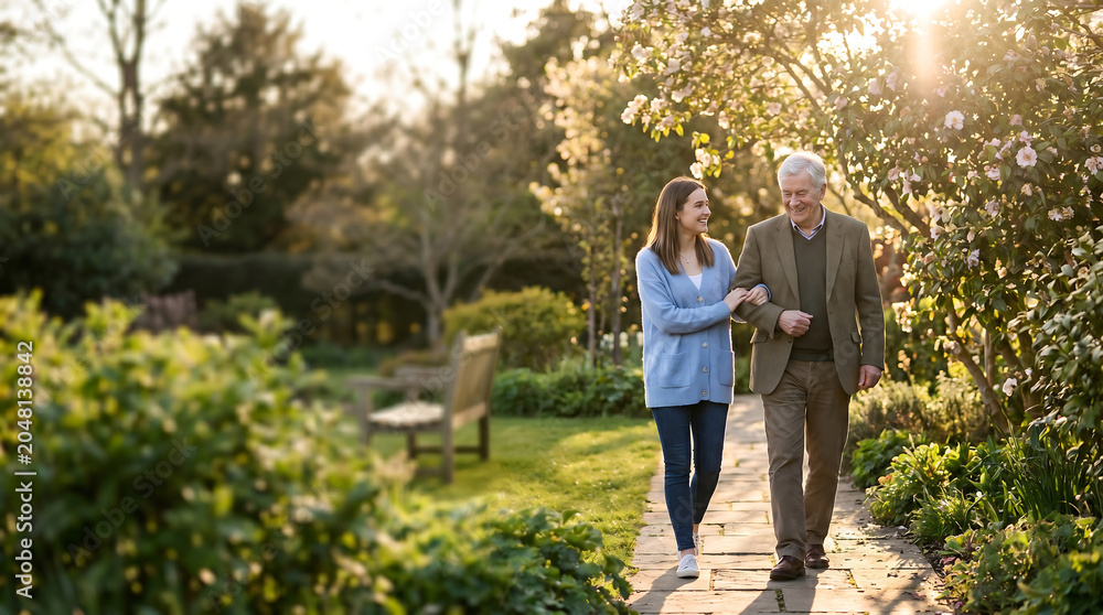 Obraz premium Elderly man receives compassionate support from a young woman while strolling through a sunlit garden, with ample copy space for design.