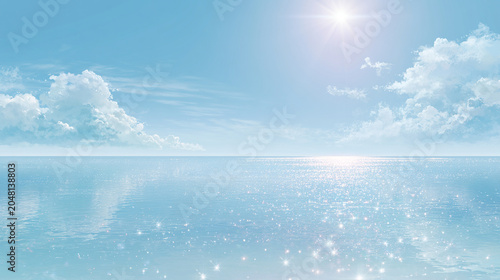 太陽が輝く青空と海の爽やかな夏の風景背景
