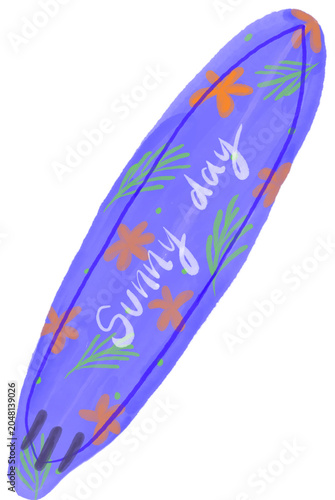 tropical surfboard illustration with orange flowers, green leaves and sunny day lettering.