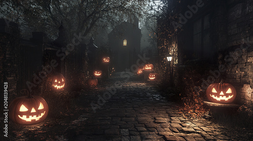 Spooky Halloween scene with glowing jack o lanterns lining dark cobblestone path surrounded by eerie trees and old stone buildings under misty night sky
