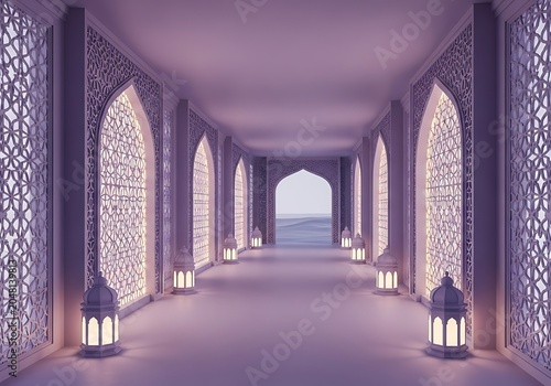 Islamic mosque architectural corridor with tall pillars