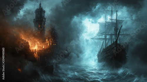 Ghostly shipwreck with glowing mist near burning fortress at night, creating mysterious and eerie atmosphere with dark clouds and turbulent sea waves