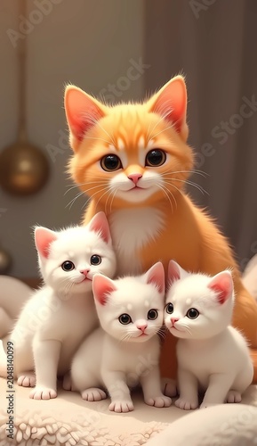 Cute Orange Cat with Three White Kittens Sitting on Soft Bed