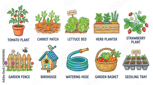 Foto Collection of garden elements including plants, tools, and accessories for growing vegetables and fruits