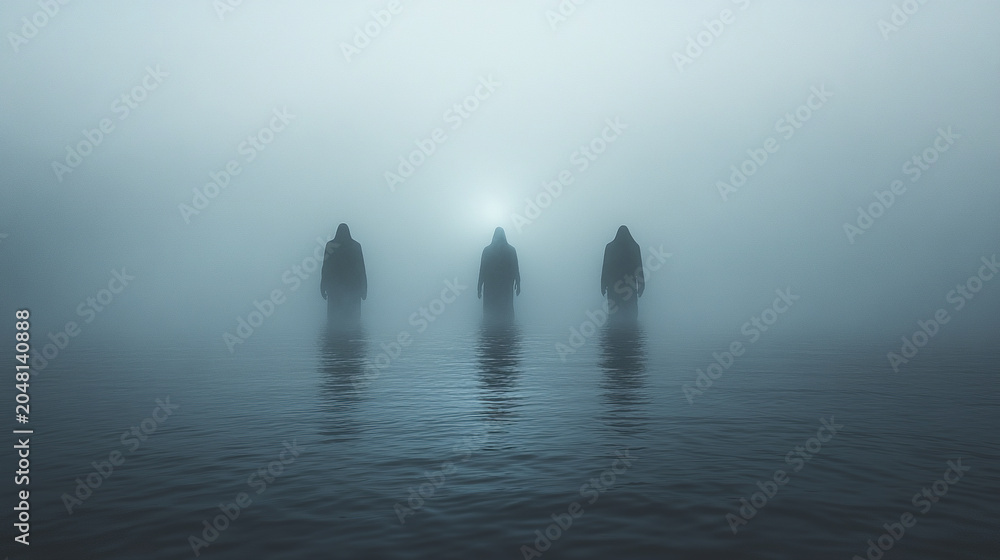Naklejka premium Eerie foggy lake with three ghostly figures hovering above water, creating mysterious and haunting atmosphere in misty environment