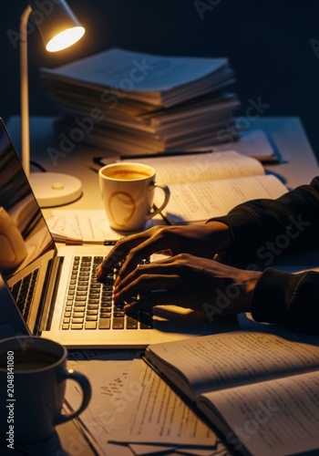 Dark-skinned hands rest on a laptop keyboard atop a messy desk filled with documents and empty mugs, illuminated by a warm lamp after dark, career, corporate, keyboard