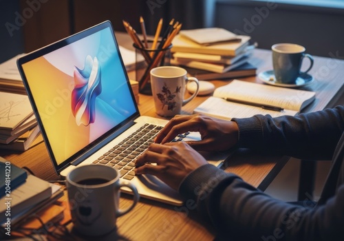 A cluttered home office desk with messy piles of paper, multiple coffee mugs, and a glowing laptop screen used by dark skin toned hands, typing, screen glow, tired