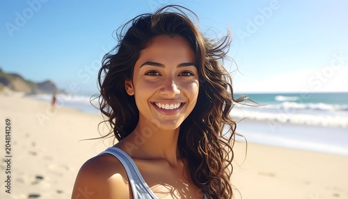 A woman smiles on a beach, wind in her hair, with ocean waves and clear sky behind
