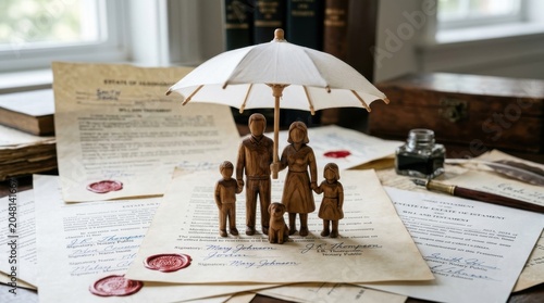Wooden Family Figurine Protected by Miniature Umbrella on Legal Documents
