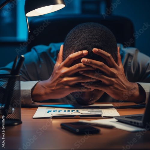 Dark-toned hands cover a face in deep exhaustion at a corporate desk. Intense burnout and emotional fatigue are visible in the slumped pose, desk, office, despair