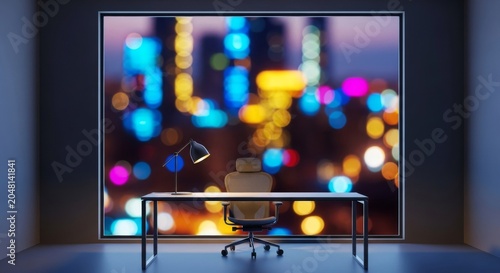 An office interior featuring a desk and chair positioned before a large window displaying a vibrant skyline of glowing lights after dark, background, silence, modern