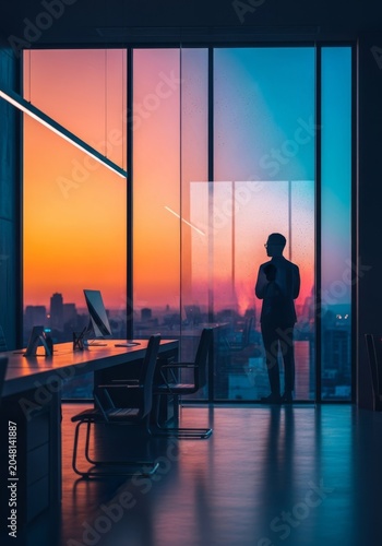 A dark-skinned silhouette is reflected in a towering glass window within a cold, modern workspace, showing solitude and corporate distance, reflection, skyscraper, atmosphere