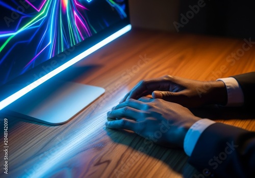 Dark-skinned hands rest heavily on a wooden desk beside a glowing computer monitor within a dim office setting, conveying deep exhaustion, arms, career, professional