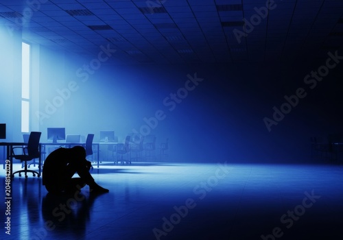 An exhausted silhouette is slumped on a cold office floor inside a vast vacant workplace at night, showing deep mental burnout and fatigue, space, lonely, dim
