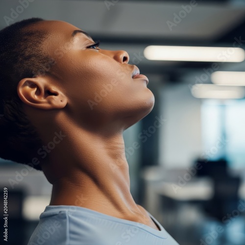 Side profile of a neck with dark skin tone tilting sideways to alleviate muscle stiffness and fatigue within a professional office setting, productivity, tired, background