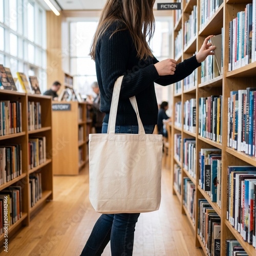 Woman Carrying Blank White Canvas Tote Bag in a Library Bookstore Setting