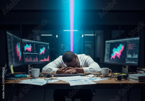 Exhausted dark-skinned professional leaning over a messy desk filled with multiple screens and scattered papers in a dim modern office, pressure, diversity, frustration